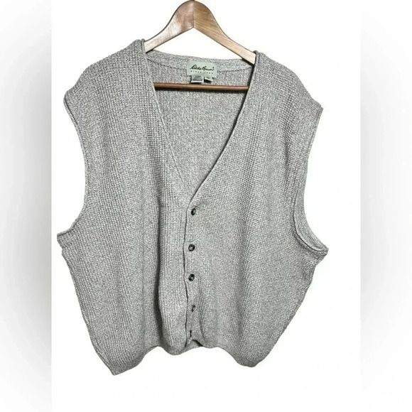 VINTAGE Eddie Bauer Sweater Vest Cardigan Beige Chunky Knit Made in USA Mens XL - Picture 1 of 7